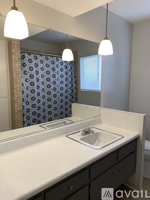 A bathroom with a sink, mirror, and patterned shower curtain.