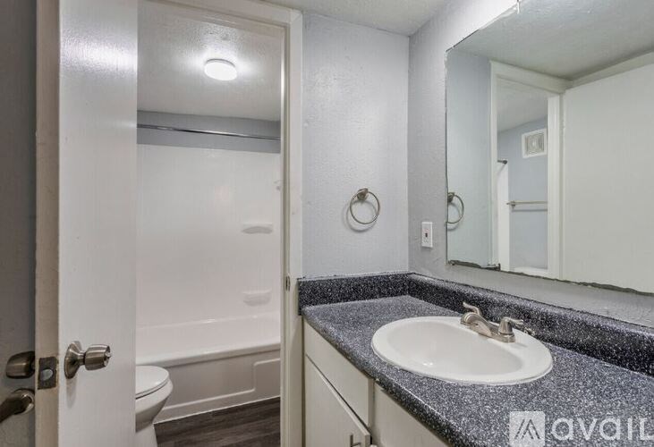 A bathroom with a sink, toilet, and mirror.