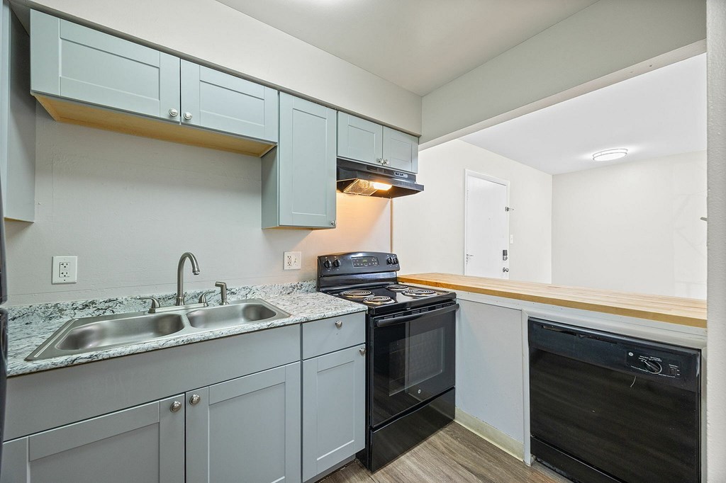 A kitchen with a sink, stove, and oven.