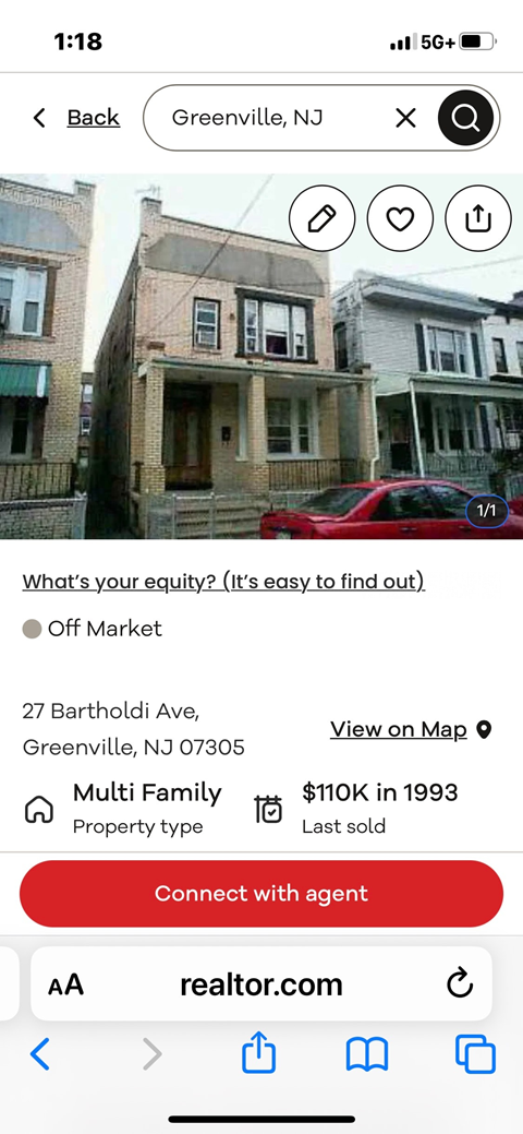 A mobile screen displays a property listing for a house in Greenville, NJ.
