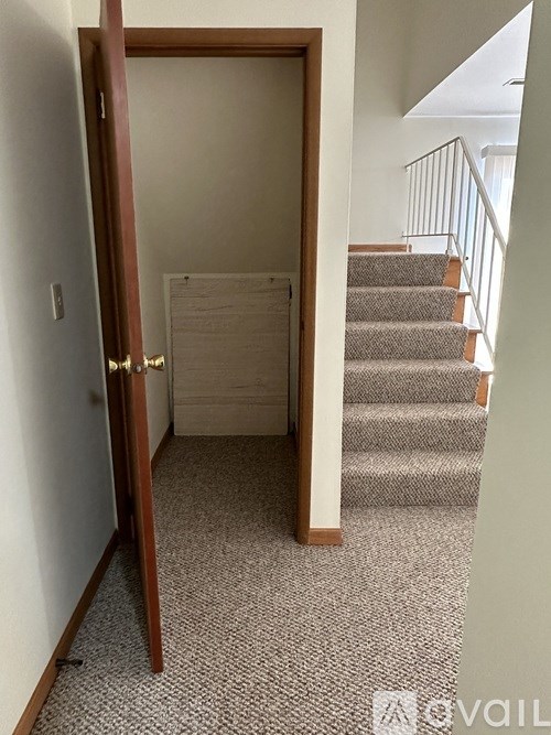 A hallway with a staircase and a door.