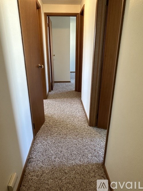 A hallway with a carpeted floor and a door on the left.