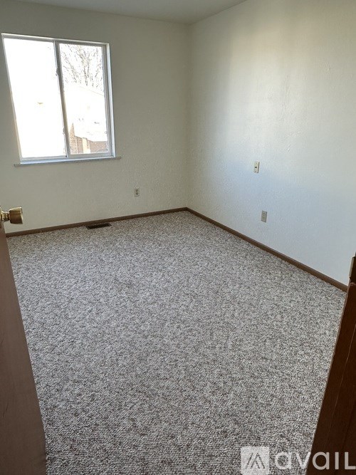 A room with a carpeted floor and a window.