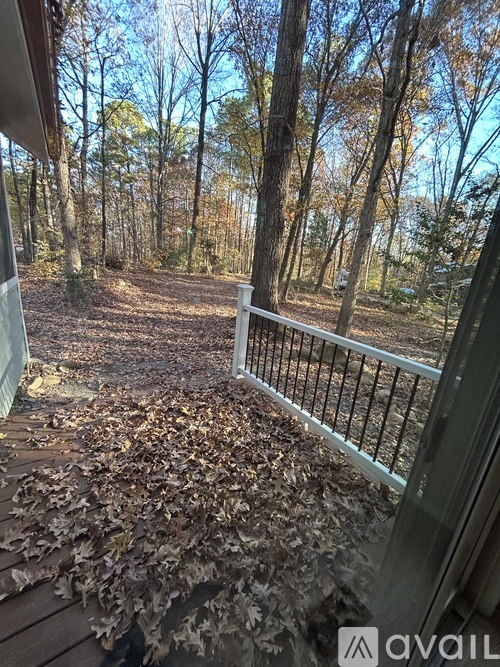 A small house with a porch is surrounded by trees.