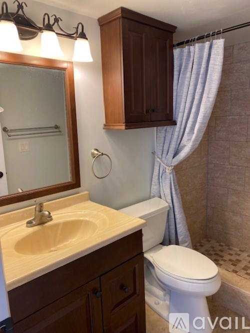 A bathroom with a toilet, sink, and shower.