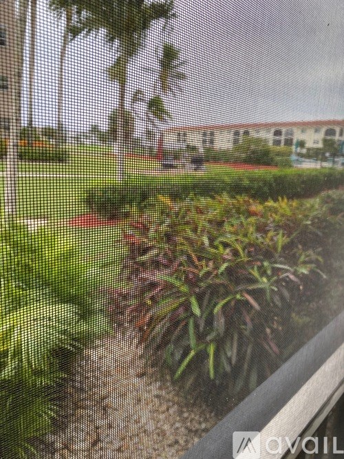 A view of a garden through a mesh screen.