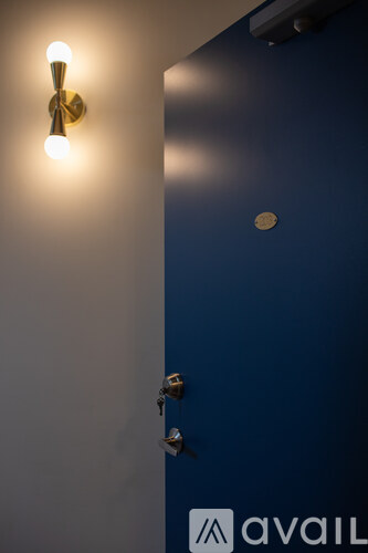 A door with a blue wall and a sign that says "avail" on it.