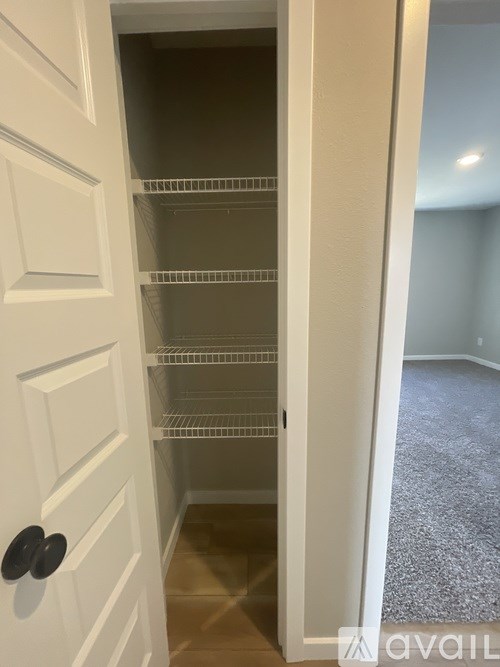 A white door with a black handle is open to a room with a carpeted floor.