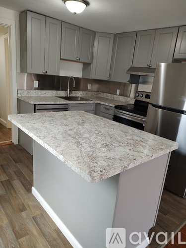 A kitchen with a marble countertop and stainless steel appliances.