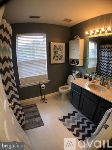 A bathroom with a sink, toilet, and a mirror.
