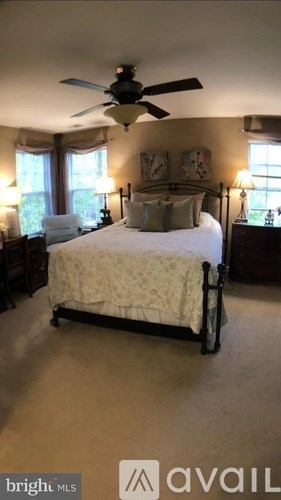 A bedroom with a bed, two lamps, and a ceiling fan.