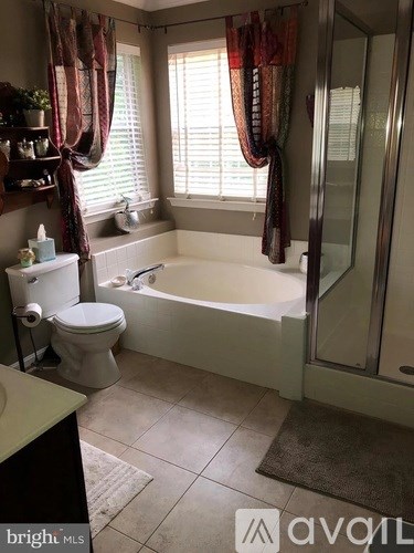 A bathroom with a toilet, tub, and window.