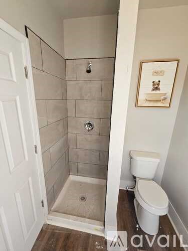 A white toilet sits next to a walk-in shower.