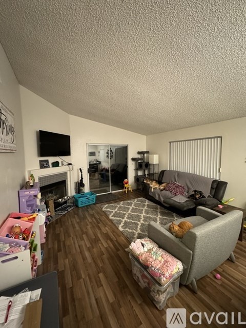 A living room with a grey couch and a fireplace.
