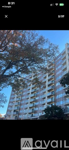 A tall building with many windows is seen in the image.