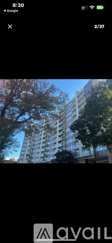 A tall building with many windows is surrounded by trees.