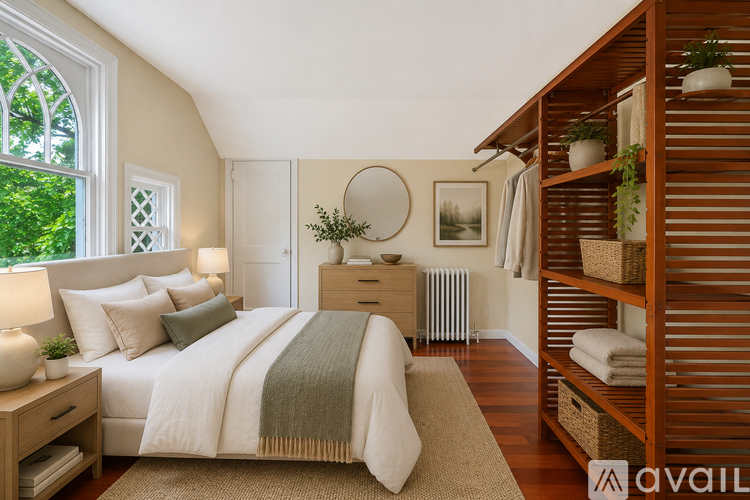 A bedroom with a large bed and a wooden shelf.