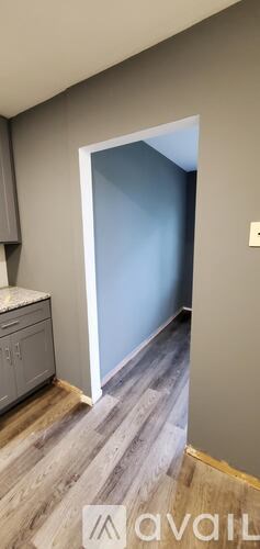 A room with a wooden floor and a white door.