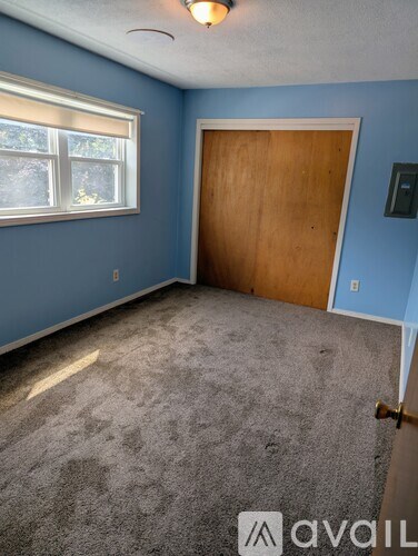 A room with blue walls and a wooden door.