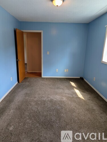 A room with blue walls and a carpeted floor.