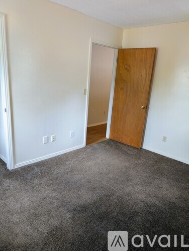 A room with a carpeted floor and a wooden door.