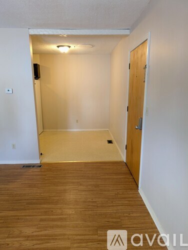 A room with wooden flooring and a closed door.