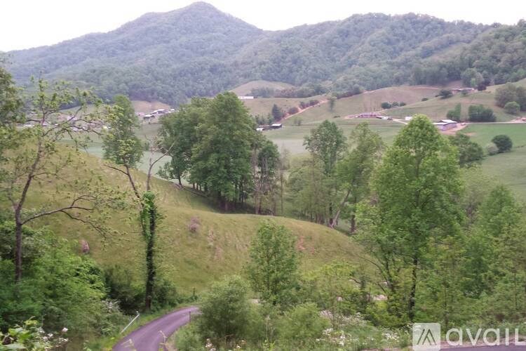 A winding road in a green valley with a mountain in the background.