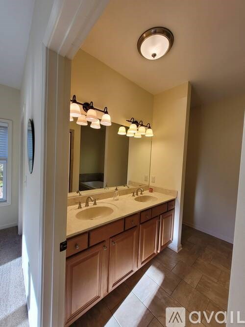 A bathroom with a sink, mirror and light fixture.
