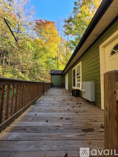 A wooden deck leads to a green house with a white door.