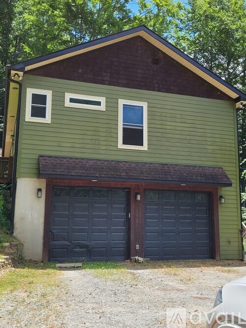 A green house with a black garage door.