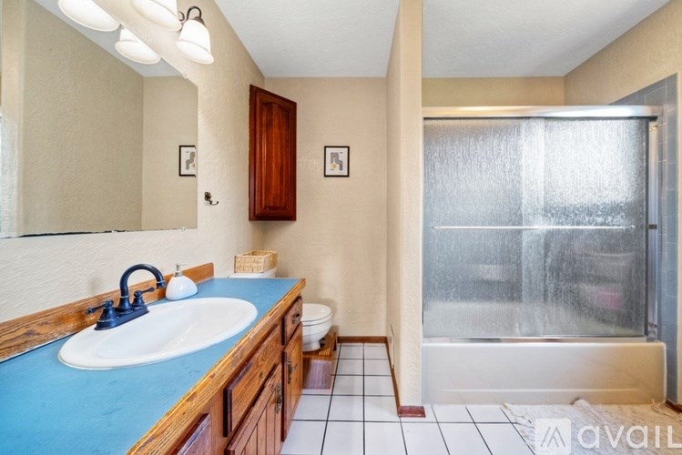 A bathroom with a blue countertop and a white sink.