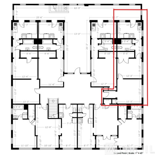 A detailed second floor floor plan of a building with rooms and corridors.
