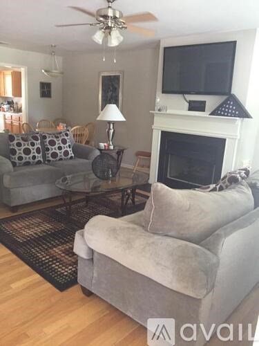 A living room with a grey couch, a fireplace, and a television mounted above it.
