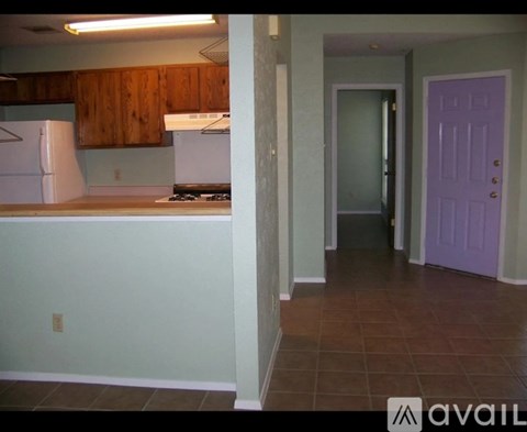 A kitchen with wooden cabinets and a purple door.