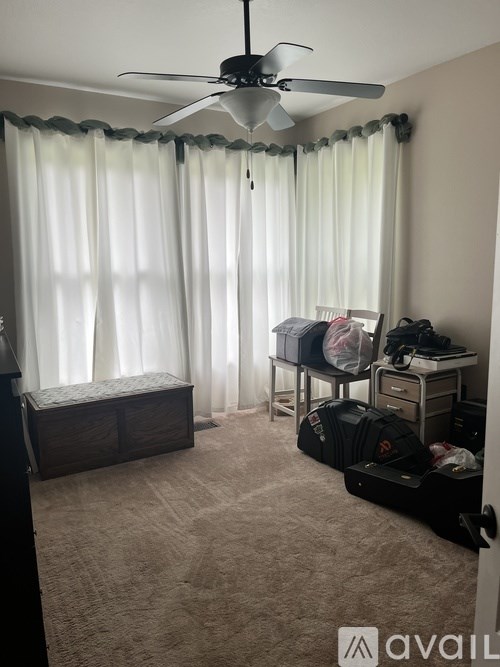 A room with a fan, a window with curtains, and some luggage.