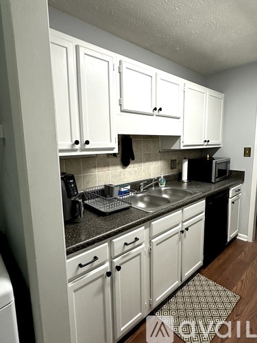 A kitchen with white cabinets and a black dishwasher.