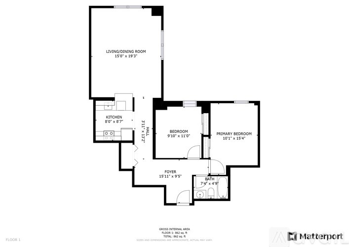 A floor plan of a house with a living room, kitchen, two bedrooms, and a foyer.