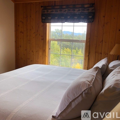 A bedroom with a large bed and a window overlooking a forest.