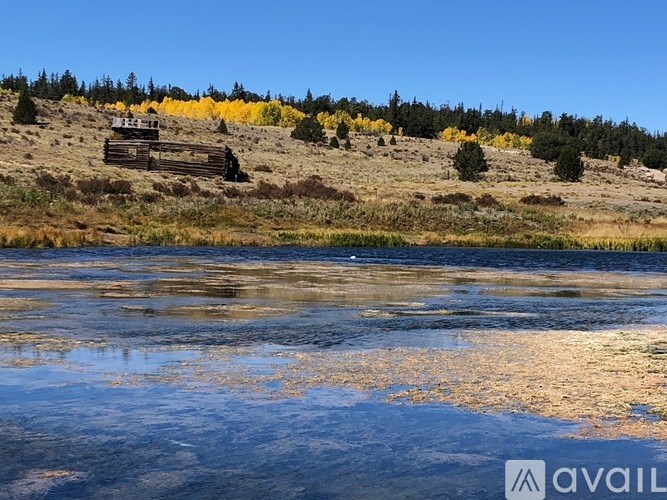 A person stands in front of a log cabin on a hillside.