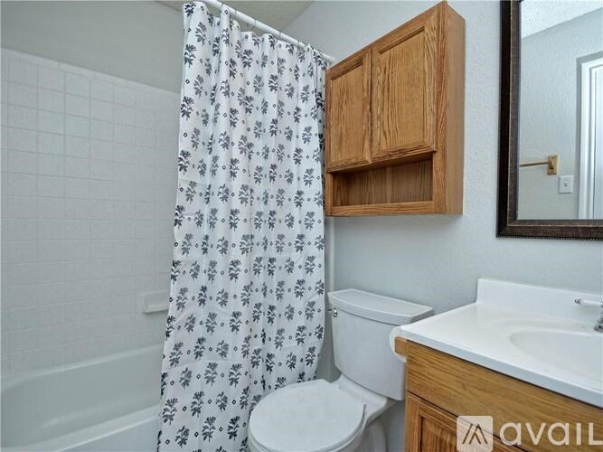 A bathroom with a toilet, sink, and shower curtain.