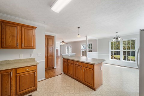 A kitchen with wooden cabinets and a countertop.