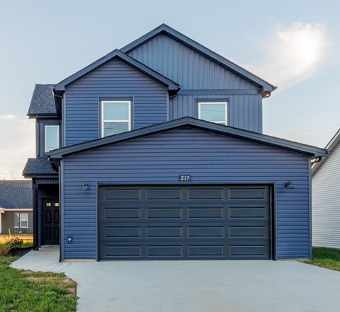 A blue house with a black garage door and the number 217 on it.