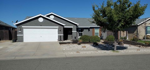 A house with a garage and a tree in front.