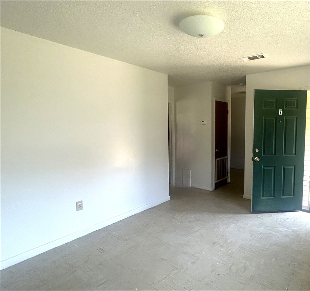 A room with a green door and a white wall.