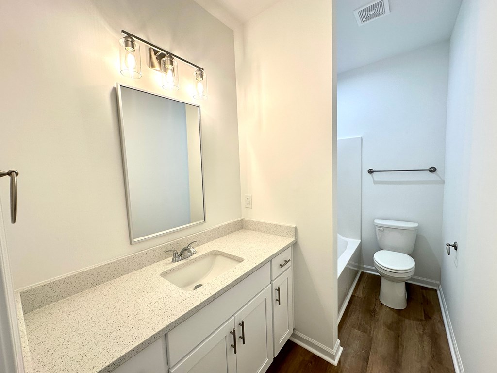 A bathroom with a sink, mirror, and toilet.