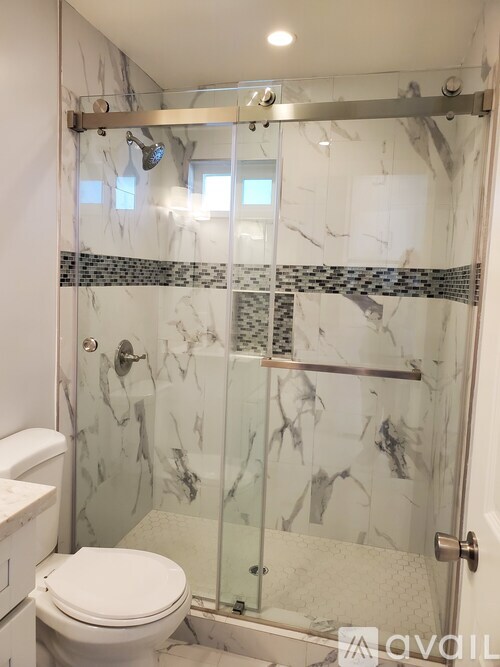 A white toilet sits next to a marble shower in a bathroom.