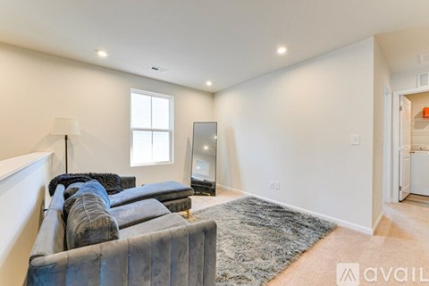 A living room with a grey couch and a rug.
