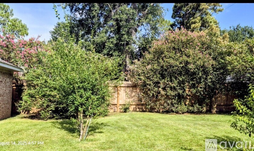 A lush green garden with a clear blue sky.
