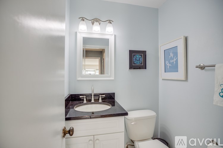 A bathroom with a toilet, sink, mirror, and two pictures on the wall.