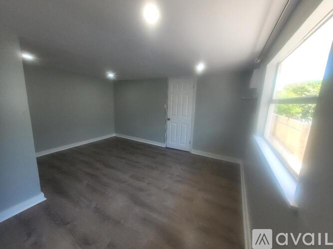 A room with a wooden floor and a white door.